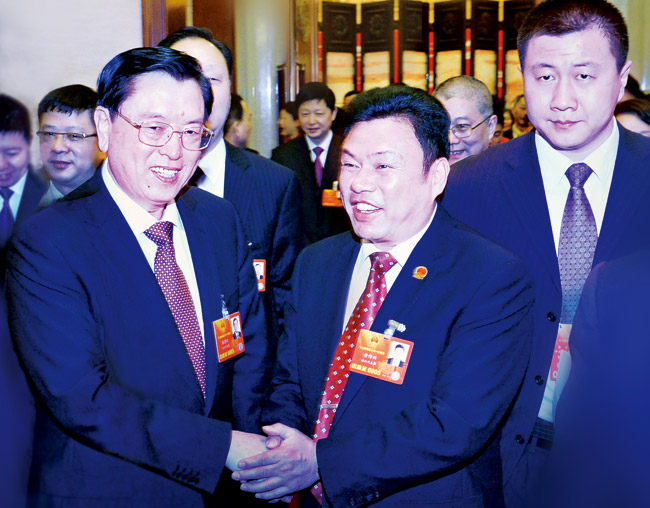 全国人大常委会委员长张德江与全国人大代表、集团总工黄作兴亲切握手